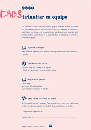 tres
99Unidad 7: Cómo hacer que las cosas te vayan bien
• Trabajar en grupo para lograr un objetivo.
• Planificar los pasos para lograr una meta realista.
LUGAR: aula.
MATERIALES: útiles de escritura.
DURACIÓN DE LA ACTIVIDAD: 30 minutos.
• Reconocer la importancia de marcarse metas y desarrollar un plan para conse-
guirlas.
Las personas formamos parte de distintos grupos, la familia, la clase, la pandilla,
etc. En ocasiones tenemos que marcamos metas como colectivo. En este caso la
planificación es, si cabe, más importante que cuando queremos conseguir algo
como individuos. Lograr objetivos en grupo nos llena de satisfacción y aumenta la
cohesión del grupo.
Actividad 3
triunfar en equipo
Objetivo principal
Objetivos específicos
Preparación previa
Se formarán grupos de 5 personas. Cada grupo se marcará una meta realista para
la clase. Por ejemplo organizar una fiesta, ir de excursión, hacer un pastel . . .
Completarán la siguiente ficha:
Nuestra meta es: . . . . . . . . . . . . . . . . . . . . . . . . . . . . . . . . . . . . . . . . . . . . . . . . . . . .
Cómo llevar a cabo la actividad
INDICE
 
