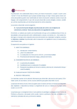 13Curso de Formación
A.- Curso de formación dirigido al profesorado del centro con el objetivo de
concienciar y motivar hacia una educación en la igualdad de sexos.
A tal efecto, se realizaría una reunión con el profesorado en la que se les sensibilizaría hacia el tema, no
descuidando a otras personas del centro: administrador/a, conserje, secretario/a, etc... Esta reunión ten-
dría lugar en el propio centro educativo antes de la intervención con el alumnado. Su objetivo consistiría
en informar y motivar al profesorado sobre la educación en la igualdad de sexos (o coeducación) y
cómo llevarla a cabo.
El esquema del curso podría ser el siguiente:
1.- ASPECTOS GENERALES.
1.1.- Introducción: revisión histórica.
1.2.- ¿Qué es la coeducación?
1.3.- La coeducación en el marco de la L.O.G.S.E. y en la transversalidad.
1.3.- Presentación del material de trabajo y utilización del mismo.
2.- FUNDAMENTACIÓN DE LAS VARIABLES.
2.1.- La autoestima (8 unidades).
2.2.- Sensibilización para la coeducación (14 unidades).
2.3.- Resolución de problemas de forma no violenta y destrezas de comunicación interper-
sonal (8 unidades).
3.- Estudio del material Y PUESTA EN COMÚN.
4.- RUEGOS Y PREGUNTAS.
Los materiales cuentan con la suficiente información para desarrollar cada uno de estos puntos. El for-
mador cuenta, de esta manera, con los recursos suficientes para poder desarrollar el curso.
La duración del mismo sería de 2 horas (se podría variar el número de horas en función de la disponibili-
dad, ampliando o reduciendo las mismas). La impartición del curso se realizaría en el propio centro
escolar o en el C.P.R.
Las personas que se encargarían de dar el curso podrían ser psicólogos o pedagogos de los Centros de
Profesores y Recursos o del propio centro escolar, tutores o profesores. Para ello, se detallará en el
material los contenidos del curso y la forma de realizarlo.
El profesorado, está condicionado desde un inicio y de manera inconsciente, a aceptar o asumir como
“normal” el trato discriminatorio que la propia sociedad otorga a la mujer. Incluso quienes tienen con-
ciencia del problema pueden estar manifestando de manera inconsciente conductas sexistas a través del
lenguaje o del comportamiento. Es por ello necesario desarrollar acciones dirigidas a motivar, sensibili-
zar y formar al profesorado y al resto del personal de los centros educativos.
Las acciones a desarrollar serían las siguientes:
El Profesorado
INDICE
 