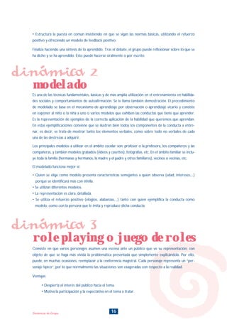16Dinámicas de Grupo
dinámica 2
modelado
dinámica 3
role playing o juego de roles
• Estructura la puesta en común insistiendo en que se sigan las normas básicas, utilizando el refuerzo
positivo y ofreciendo un modelo de feedback positivo.
Finaliza haciendo una síntesis de lo aprendido. Tras el debate, el grupo puede reflexionar sobre lo que se
ha dicho y se ha aprendido. Esto puede hacerse oralmente o por escrito
Es una de las técnicas fundamentales, básicas y de más amplia utilización en el entrenamiento en habilida-
des sociales y comportamientos de autoafirmación. Se le llama también demostración. El procedimiento
de modelado se basa en el mecanismo de aprendizaje por observación o aprendizaje vicario y consiste
en exponer al niño o la niña a uno o varios modelos que exhiben las conductas que tiene que aprender.
Es la representación de ejemplos de la correcta aplicación de la habilidad que queremos que aprendan.
En estas ejemplificaciones conviene que se ilustren bien todos los componentes de la conducta a entre-
nar, es decir, se trata de mostrar tanto los elementos verbales, como sobre todo no verbales de cada
una de las destrezas a adquirir.
Los principales modelos a utilizar en el ámbito escolar son: profesor o la profesora, los compañeros y las
compañeras, y también modelos grabados (videos y casettes), fotografías, etc. En el ámbito familiar se inclu-
ye toda la familia (hermanas y hermanos, la madre y el padre y otros familiares), vecinos o vecinas, etc.
El modelado funciona mejor si:
• Quien se elige como modelo presenta características semejantes a quien observa (edad, intereses,...)
porque se identificará más con él/ella.
• Se utilizan diferentes modelos.
• La representación es clara, detallada.
• Se utiliza el refuerzo positivo (elogios, alabanzas,...) tanto con quien ejemplifica la conducta como
modelo, como con la persona que le imita y reproduce dicha conducta.
Consiste en que varios personajes asumen una escena ante un público que ve su representación, con
objeto de que se haga más vivida la problemática presentada que simplemente explicándola. Por ello,
puede, en muchas ocasiones, reemplazar a la conferencia magistral. Cada personaje representa un “per-
sonaje típico”, por lo que normalmente las situaciones son exageradas con respecto a la realidad.
Ventajas:
• Despierta el interés del público hacia el tema.
• Motiva la participación y la expectativa en el tema a tratar.
INDICE
 