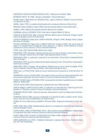 28Blibiografía
ASESORÍA DE COEDUCACIÓN DE BIZKAIA (1991) : Coeducación. Orientación. Bilbao
BELMONTE NIETO, M. (1998) : Atención a la diversidad I . Ediciones Mensajero
BONAL Xabier, TOME Amparo y OTROS/AS (1995) : ¿Iguales o diferentes?. SIGNOS. Centro de Profeso-
res y Recursos de Gijón.
BONAL, Xabier (1997): Las actitudes del profesorado ante la coeducación. Barcelona: Editorial Graó.
BROWNE, Naima y FRANCE, Pauline (1988): Hacia una educación infantil no sexista. Madrid. MEC.
CAÑAS J. (1992): Didáctica de la expresión dramática. Barcelona. Ed. Octaedro
CARRERAS, Llorenç y OTRAS/OS (1997): Cómo educar en valores. Madrid. Ed. Narcea.
CASA DE LA MUJER (1995): Mujer y tolerancia. Materiales didácticos para la Coeducación. Zaragoza. Ayunta-
miento de Zaragoza, Servicio de Acción Social.
CATALÁ GONZÁLVEZ, Aguas Vivas- GARCIA PASCUAL, Enriqueta. (1995): Ideología sexista y Lenguaje.
Barcelona. Ed. Octaedro.
CATALÁ GONZALVEZ, Aguas Vivas y GARCÍA PASCUAL, Enriqueta (1989): ¿Qué quieres hacer de
mayor? O la transición desde la Coeducación. Colec. Educació nº 3. Valencia. Institut Valencià de la Dona,
Conselleria de Cultura, Educació i Ciencia, Generalitat Valenciana.
CORSI, Jorge (1995): Violencia familiar. Buenos Aires: Paidos.
EMAKUNDE (1994): Orientación académico-vocacional para una toma de decisión no discriminatoria. Vitoria-
Gasteiz. Emakunde. Instituto Vasco de la Mujer. Eusko Jaurlaritza-Gobierno Vasco.
EMAKUNDE (1996): La coeducación, ¿transversal de las transversales?. Vitoria-Gasteiz: Emakunde/Instituto
Vasco de la Mujer.
EMAKUNDE (1997): Guía para la elaboración del modelo educativo de centro. Vitoria-Gasteiz: Emakunde/Ins-
tituto Vasco de la Mujer.
EMAKUNDE (1998): El lenguaje, más que palabras. Propuestas para un uso no sexista del lenguaje, Vitoria-
Gasteiz. Emakunde. Instituto Vasco de la Mujer. Eusko Jaurlaritza-Gobierno Vasco.
ESPIN, Julia V. y OTRAS (1996): Análisis de recursos educativos desde la perspectiva no sexista. Barcelona. Ed.
Laertes.
FERNANDEZ, Carmen y OTRAS (1995) : Una mirada no sexista a las clases de Ciencias Experimentales. Cua-
dernos para la coeducación. Barcelona. Institut de Ciéncies de l’Educació Universitat Autónoma.
FERRER CHOVER, Empa y OTROS/AS (1993): Una perspectiva intercultural. Ejemplificaciones de Unidades
Didácticas. Madrid. MEC.
FLECHA, Ramón (1994): Nuevas perspectivas en educación. Barcelona. Paidos Educador.
GARCIA, Milagros y ASINS Consuelo (1994): La coeducación en la educación física. Cuadernos para la Coe-
ducación, nº7. Barcelona, Institut de Ciéncies de l’Educació Universitat Autónoma.
GOBIERNO VASCO (1992) : Diseño Curricular Base. Vitoria-Gasteiz. Servicio de Publicaciones del Gobier-
no Vasco.
GOBIERNO VASCO (1995): Guía para el profesorado en la educación de valores, actitudes y normas. Vitoria-
Gasteiz: Servicio Central de Publicaciones de Gobierno Vasco.
GOMEZ, Mª Teresa, MIR, Victoria y SERRATS, Mª Gracia (1990) : Propuesta de intervención en el aula.. Nar-
cea.
JAYME ZARO, María (1996): Identidad personal y género en La Coeducación como marco para educar Jor-
nadas de Emakunde, Gasteiz.
LLEDO CUNILL, Eulalia y OTERO VIDAL, Mercé. : Doce escritoras y una guía bibliográfica. Cuadernos para
la Coeducación. Barcelona. Institut de Ciéncies de l’Educació Universitat Autónoma.
LLEDO, Eulalia (1992): El sexismo y el androcentrismo en la lengua: análisis y propuestas de cambio. Barcelona.
Institut de Ciéncies de l’Educació Universitat Autónoma
LÓPEZ ZAPATERO Jesús (1991) : Hezikidetza, Coeducación. La educación física. Arbela . Revista de Educa-
ción. PAT-COP de Baracaldo.
INDICE
 