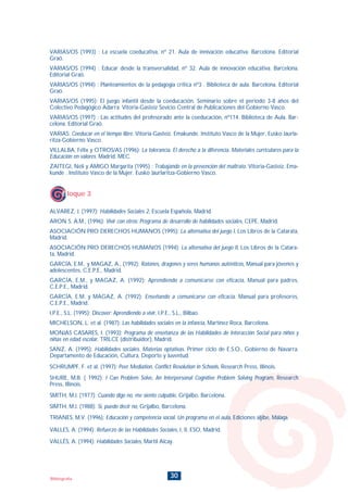 30Blibiografía
VARIAS/OS (1993) : La escuela coeducativa, nº 21. Aula de innivación educativa. Barcelona. Editorial
Graó.
VARIAS/OS (1994) : Educar desde la transversalidad, nº 32. Aula de innovación educativa. Barcelona.
Editorial Graó.
VARIAS/OS (1994) : Planteamientos de la pedagogía crítica nº3 . Biblioteca de aula. Barcelona. Editorial
Graó.
VARIAS/OS (1995): El juego infantil desde la coeducación. Seminario sobre el periodo 3-8 años del
Colectivo Pedagógico Adarra. Vitoria-Gasteiz Sevicio Central de Publicaciones del Gobierno Vasco.
VARIAS/OS (1997) : Las actitudes del profesorado ante la coeducación, nº114. Biblioteca de Aula. Bar-
celona. Editorial Graó.
VARIAS: Coeducar en el tiempo libre. Vitoria-Gasteiz. Emakunde. Instituto Vasco de la Mujer. Eusko Jaurla-
ritza-Gobierno Vasco.
VILLALBA, Félix y OTROS/AS (1996): La tolerancia. El derecho a la diferencia. Materiales curriculares para la
Educación en valores. Madrid. MEC.
ZAITEGI, Neli y AMIGO Margarita (1995) : Trabajando en la prevención del maltrato. Vitoria-Gasteiz. Ema-
kunde . Instituto Vasco de la Mujer. Eusko Jaurlaritza-Gobierno Vasco.
ALVAREZ, J. (1997): Habilidades Sociales 2, Escuela Española, Madrid.
ARON S. A.M., (1996): Vivir con otros: Programa de desarrollo de habilidades sociales, CEPE, Madrid.
ASOCIACIÓN PRO DERECHOS HUMANOS (1995): La alternativa del juego I, Los Libros de la Catarata,
Madrid.
ASOCIACIÓN PRO DERECHOS HUMANOS (1994): La alternativa del juego II, Los Libros de la Catara-
ta, Madrid.
GARCÍA, E.M., y MAGAZ, A., (1992): Ratones, dragones y seres humanos auténticos, Manual para jóvenes y
adolescentes, C.E.P.E., Madrid.
GARCÍA, E.M., y MAGAZ, A. (1992): Aprendiendo a comunicarse con eficacia, Manual para padres,
C.E.P.E., Madrid.
GARCÍA, E.M. y MAGAZ, A. (1992): Enseñando a comunicarse con eficacia. Manual para profesores,
C.E.P.E., Madrid.
I.P.E., S.L. (1995): Discover: Aprendiendo a vivir, I.P.E., S.L., Bilbao.
MICHELSON, L. et al. (1987): Las habilidades sociales en la infancia, Martínez Roca, Barcelona.
MONJAS CASARES, I. (1993): Programa de enseñanza de las Habilidades de Interacción Social para niños y
niñas en edad escolar, TRILCE (distribuidor), Madrid.
SANZ, A. (1995): Habilidades sociales. Materias optativas. Primer ciclo de E.S.O., Gobierno de Navarra.
Departamento de Educación, Cultura, Deporte y Juventud.
SCHRUMPF, F. et al. (1997): Peer Mediation, Conflict Resolution in Schools, Research Press, Illinois.
SHURE, M.B. ( 1992): I Can Problem Solve, An Interpersonal Cognitive Problem Solving Program, Research
Press, Illinois.
SMITH, M.J. (1977): Cuando digo no, me siento culpable, Grijalbo, Barcelona.
SIMTH, M.J. (1988): Sí, puedo decir no, Grijalbo, Barcelona.
TRIANES, M.V. (1996): Educación y competencia social. Un programa en el aula, Ediciones aljibe, Málaga.
VALLES, A. (1994): Refuerzo de las Habilidades Sociales, I, II, ESO, Madrid.
VALLÉS, A. (1994): Habilidades Sociales, Martil Alcay.
Bloque 3
INDICE
 