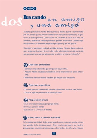dos
55Unidad 3: Yo soy mi mejor amigo/a
• Describir patrones conductuales sanos en los diferentes sexos en clave positiva.
• Destacar aspectos positivos de las demás personas.
LUGAR: en el aula sentados/as por parejas mixtas.
MATERIALES: útiles de escribir.
DURACIÓN DE LA ACTIVIDAD: 20 minutos.
• Identificar comportamientos que enriquecen la autoestima.
• Adquirir hábitos saludables basándonos en la observación de otros niños y
niñas.
• Reflexionar sobre las distintas variables que influyen en la autoestima.
A algunas personas les resulta difícil quererse y hacerse querer y sufren mucho
por ello, sienten que no poseen cualidades que merezcan su valoración y el apre-
cio de las demás personas. Como ocurre con casi todas las cosas en la vida, con
esfuerzo y dedicación, también podremos aprender a querernos. Cuando sepa-
mos querernos ya estaremos preparados para querer y que nos quieran.
El profesor o la profesora explica la actividad al grupo: “Vamos a fijarnos en los ami-
gos y amigas que tenemos y de entre ellos y ellas seleccionaremos un niño y una niña
que que nos parezcan que son quienes mejor se cuidan y se tratan a sí mismos/as”.
Actividad 2
Buscando un amigo
y una amiga
Objetivos principales
Objetivos específicos
Preparación previa
Se les explica la actividad: “todas las personas tenemos cosas que enseñar y cosas
que aprender de las demás personas . Ahora nos toca aprender a ser nuestras
propias amigas o nuestros propios amigos, observando a los niños y las niñas de
Cómo llevar a cabo la actividad
INDICE
 