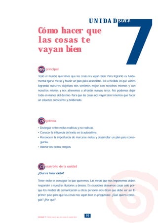 Todo el mundo queremos que las cosas les vayan bien. Para lograrlo es funda-
mental fijarse metas y trazar un plan para alcanzarlas. En la medida en que vamos
logrando nuestros objetivos nos sentimos mejor con nosotros mismos y con
nosotras mismas y nos atrevemos a afrontar nuevos retos. No podemos dejar
todo en manos del destino. Para que las cosas nos vayan bien tenemos que hacer
un esfuerzo consciente y deliberado.
¿Qué es tener éxito?
Tener éxito es conseguir lo que queremos. Las metas que nos imponemos deben
responder a nuestras ilusiones y deseos. En ocasiones deseamos cosas sólo por-
que los medios de comunicación u otras personas nos dicen que debe ser así. El
primer paso para que las cosas nos vayan bien es preguntase: ¿Qué quiero conse-
guir? ¿Por qué?
7
U N I D A D siete
Idea principal
Desarrollo de la unidad
• Distinguir entre metas realistas y no realistas.
• Conocer la influencia del éxito en la autoestima.
• Reconocer la importancia de marcarse metas y desarrollar un plan para conse-
guirlas.
• Valorar los éxitos propios.
Objetivos
95
Cómo hacer que
las cosas te
vayan bien
Unidad 7: Cómo hacer que las cosas te vayan bien
INDICE
 