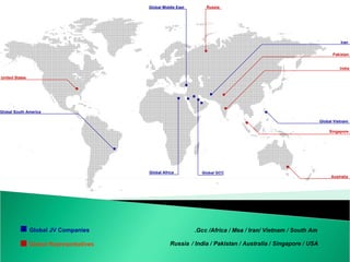 Russia Iran Pakistan India Singapore Australia United States Global Africa  Global South America Global GCC Global Vietnam Gcc /Africa / Mea / Iran/ Vietnam / South Am.   Russia   / India / Pakistan / Australia / Singapore / USA Global JV Companies Global Representatives Global Middle East  