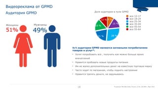 18
Доля аудитории в пуле GPMD
Аудитория GPMD
Видеореклама от GPMD
18 По данным TNS Web Index, Россия, 12-64, 100 000+, Март 2016
80% аудитории GPMD являются активными потребителями
товаров и услуг*:
• Хотят попробовать все , получить как можно больше ярких
впечатлений
• Нравится пробовать новые продукты питания
• Им не жалко дополнительных денег на известную торговую марку
• Часто ходят по магазинам, чтобы поднять настроение
• Нравится тратить деньги, не задумываясь
12 %
16 %
21 % 28 %
15 %
9 %
все 12-17
все 18-24
все 25-34
все 35-44
все 45-54
все 55-64
Мужчины
49%
Женщины
51%
 