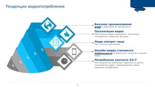 4
Тенденции видеопотребления
05
04
03
02
01
Высокое проникновение
VODПрирост аудитории PC замедляется
Легализация видео
Нелегальное видео замещается легальным,
«очищаются» пиратские ресурсы
Люди смотрят чаще
Рост частоты просмотров
Онлайн-видео становится
мобильным40% пользователей мобильного интернета смотрят
видео
Потребление контента 24/7
Рост количества мобильных гаджетов на одного
пользователя ведет к формированию новых
привычек потребления
 