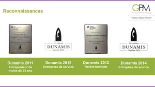 Dunamis 2012 
Entreprise de service 
Reconnaissances 
Dunamis 2014 
Entreprise de service 
Dunamis 2011 
Entrepreneur de 
moins de 35 ans 
Dunamis 2012 
Relève familiale 
 