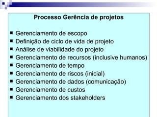 Processo Gerência de projetos Gerenciamento de escopo Definição de ciclo de vida de projeto Análise de viabilidade do projeto Gerenciamento de recursos (inclusive humanos) Gerenciamento de tempo Gerenciamento de riscos (inicial) Gerenciamento de dados (comunicação) Gerenciamento de custos Gerenciamento dos stakeholders 