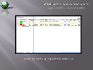 Global Portfolio Management SystemsToday’s solutions for tomorrow’s initiativesProjects can be rolled up for parent/child functionality.