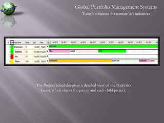 Global Portfolio Management SystemsToday’s solutions for tomorrow’s initiativesThe Project Scheduler gives a detailed view of the Portfolio Gantt, which shows the parent and each child project. 