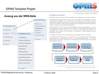 GPMS Template Projekt <ul><li>Auszug aus der WEB-Seite </li></ul>GPMS Mitgliederversammlung - Haselburg 7.Februar 2009 Sei...