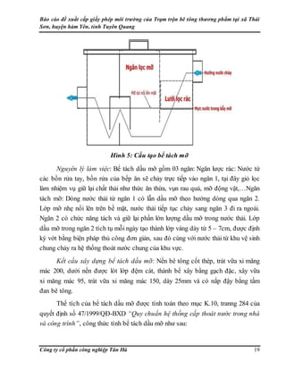 Báo cáo đề xuất cấp giấy phép môi trường của Trạm trộn bê tông thương phẩm tại xã Thái
Sơn, huyện hàm Yên, tỉnh Tuyên Quang
Công ty cổ phần công nghiệp Tân Hà 19
Hình 5: Cấu tạo bể tách mỡ
Nguyên lý làm việc: Bể tách dầu mỡ gồm 03 ngăn: Ngăn lược rác: Nước từ
các bồn rửa tay, bồn rửa của bếp ăn sẽ chảy trực tiếp vào ngăn 1, tại đây giỏ lọc
làm nhiệm vụ giữ lại chất thải như thức ăn thừa, vụn rau quả, mỡ động vật,…Ngăn
tách mỡ: Dòng nước thải từ ngăn 1 có lẫn dầu mỡ theo hướng dòng qua ngăn 2.
Lớp mỡ nhẹ nổi lên trên bề mặt, nước thải tiếp tục chảy sang ngăn 3 đi ra ngoài.
Ngăn 2 có chức năng tách và giữ lại phần lớn lượng dầu mỡ trong nước thải. Lớp
dầu mỡ trong ngăn 2 tích tụ mỗi ngày tạo thành lớp váng dày từ 5 – 7cm, được định
kỳ vớt bằng biện pháp thủ công đơn giản, sau đó cùng với nước thải từ khu vệ sinh
chung chảy ra hệ thống thoát nước chung của khu vực.
Kết cấu xây dựng bể tách dầu mỡ: Nền bê tông cốt thép, trát vữa xi măng
mác 200, dưới nền được lót lớp đệm cát, thành bể xây bằng gạch đặc, xây vữa
xi măng mác 95, trát vữa xi măng mác 150, dày 25mm và có nắp đậy bằng tấm
đan bê tông.
Thể tích của bể tách dầu mỡ được tính toán theo mục K.10, tranng 284 của
quyết định số 47/1999/QĐ-BXD “Quy chuẩn hệ thống cấp thoát nước trong nhà
và công trình”, công thức tính bể tách dầu mỡ như sau:
 