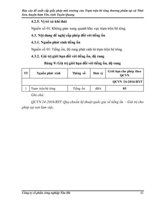 Báo cáo đề xuất cấp giấy phép môi trường của Trạm trộn bê tông thương phẩm tại xã Thái
Sơn, huyện hàm Yên, tỉnh Tuyên Quang
Công ty cổ phần công nghiệp Tân Hà 42
4.2.5. Vị trí xả khí thải
Nguồn số 01: Không gian xung quanh khu vực trạm trộn bê tông.
4.3. Nội dung đề nghị cấp phép đối với tiếng ồn
4.3.1. Nguồn phát sinh tiếng ồn
Nguồn số 01: Tiếng ồn, độ rung phát sinh từ trạm trộn bê tông.
4.3.2. Giá trị giới hạn đối với tiếng ồn, độ rung
Bảng 9: Giá trị giới hạn đối với tiếng ồn, độ rung
TT Nguồn phát sinh Thông số Đơn vị
Giới hạn cho phép theo
QCVN
QCVN 24:2016/BYT
1 Trạm trộn bê tông Tiếng ồn dBA 85
Ghi chú:
QCVN 24:2016/BYT:Quychuẩn kỹ thuật quốc gia về tiếng ồn - Giá trị cho
phép tại nơi làm việc.
 