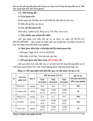 Báo cáo đề xuất cấp giấy phép môi trường của Trạm trộn bê tông thương phẩm tại xã Thái
Sơn, huyện hàm Yên, tỉnh Tuyên Quang
Công ty cổ phần công nghiệp Tân Hà 45
5.2. Môi trường đất
a. Vị trí quan trắc
Đoàn quan trắc đã khảo sát và tiến hành lấy mẫu đất tại vị trí sau:
Đ: Mẫu đất tại khu vực dự án.
b. Các chỉ tiêu quan trắc
Kẽm (Zn), Cadimi (Cd), Đồng (Cu), Chì (Pb), Asen (As).
c. Tiêu chuẩn, quy chuẩn đối chiếu
Kết quả phân tích mẫu đất tại cơ sở được so sánh với QCVN 03-
MT:2015/BTNMT – Quy chuẩn kỹ thuật quốc gia về giới hạn cho phép của một số
kim loại nặng trong đất (Đất công nghiệp).
d. Thời gian, điều kiện vi khí hậu khi tiến hành quan trắc
- Thời gian: Ngày 16/4; 18/4 và 20/4/2022.
- Điều kiện vi khí hậu: Trời râm mát, gió nhẹ.
e. Kết quả quan trắc hiện trạng môi trường đất
Kết quả phân tích mẫu đất của cơ sở trạm trộn bê tông thương phẩm tại xã
Thái Sơn, huyện Hàm Yên, tỉnh Tuyên Quang được tổng hợp dưới bảng sau:
Bảng 11: Kết quả phân tích mẫu đất qua các đợt khảo sát tại cơ sở
TT
Chỉ tiêu
phân tích
Đơn vị
Kết quả quan trắc (Đ) QCVN 03-
MT:2015/BTNMT
(Đất công nghiệp)
Ngày
16/4/2022
Ngày
18/4/2022
Ngày
20/4/2022
1 Kẽm (Zn) mg/kg 44,3 41,4 37,5 300
2 Cadimi (Cd) mg/kg
<LOQ
(0,15)
<LOQ
(0,15)
<LOQ
(0,15)
10
3 Đồng (Cu) mg/kg 41,4 41,7 39,1 300
4 Chì (Pb) mg/kg
<LOQ
(0,9)
<LOQ
(0,9)
<LOQ
(0,9)
300
5 Asen (As) mg/kg
<LOQ
(0,75)
<LOQ
(0,75)
<LOQ
(0,75)
25
 