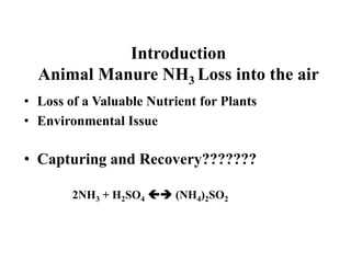 Introduction
Animal Manure NH3 Loss into the air
• Loss of a Valuable Nutrient for Plants
• Environmental Issue
• Capturin...