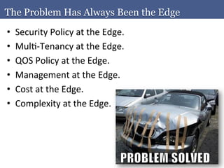 The Problem Has Always Been the Edge	
  
•    Security	
  Policy	
  at	
  the	
  Edge.	
  
•    MulA-­‐Tenancy	
  at	
  the	
  Edge.	
  
•    QOS	
  Policy	
  at	
  the	
  Edge.	
  
•    Management	
  at	
  the	
  Edge.	
  
•    Cost	
  at	
  the	
  Edge.	
  
•    Complexity	
  at	
  the	
  Edge.	
  
 