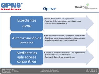 Operar

                    • Acceso de usuarios a sus expedientes
  Expedientes       • Ejecución de las operaciones previstas en cada
                      expediente por cada usuario
     GPN6

                    • Gestión automatizada de transiciones entre estados
Automatización de   • Gestión de comunicación de avisos a las personas y
                      usuarios que participan en un expediente
    procesos

  Mediante las      • Completar información asociada a los expedientes y
                      que es empleada por los mismos
  aplicaciones      • Captura de datos desde otros sistemas

  corporativas

                                                                           23
 