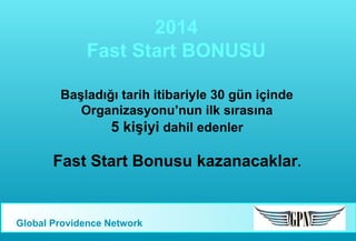 2014
Fast Start BONUSU
Başladığı tarih itibariyle 30 gün içinde
Organizasyonu’nun ilk sırasına
5 kişiyi dahil edenler

Fast Start Bonusu kazanacaklar.

Global Providence Network

 