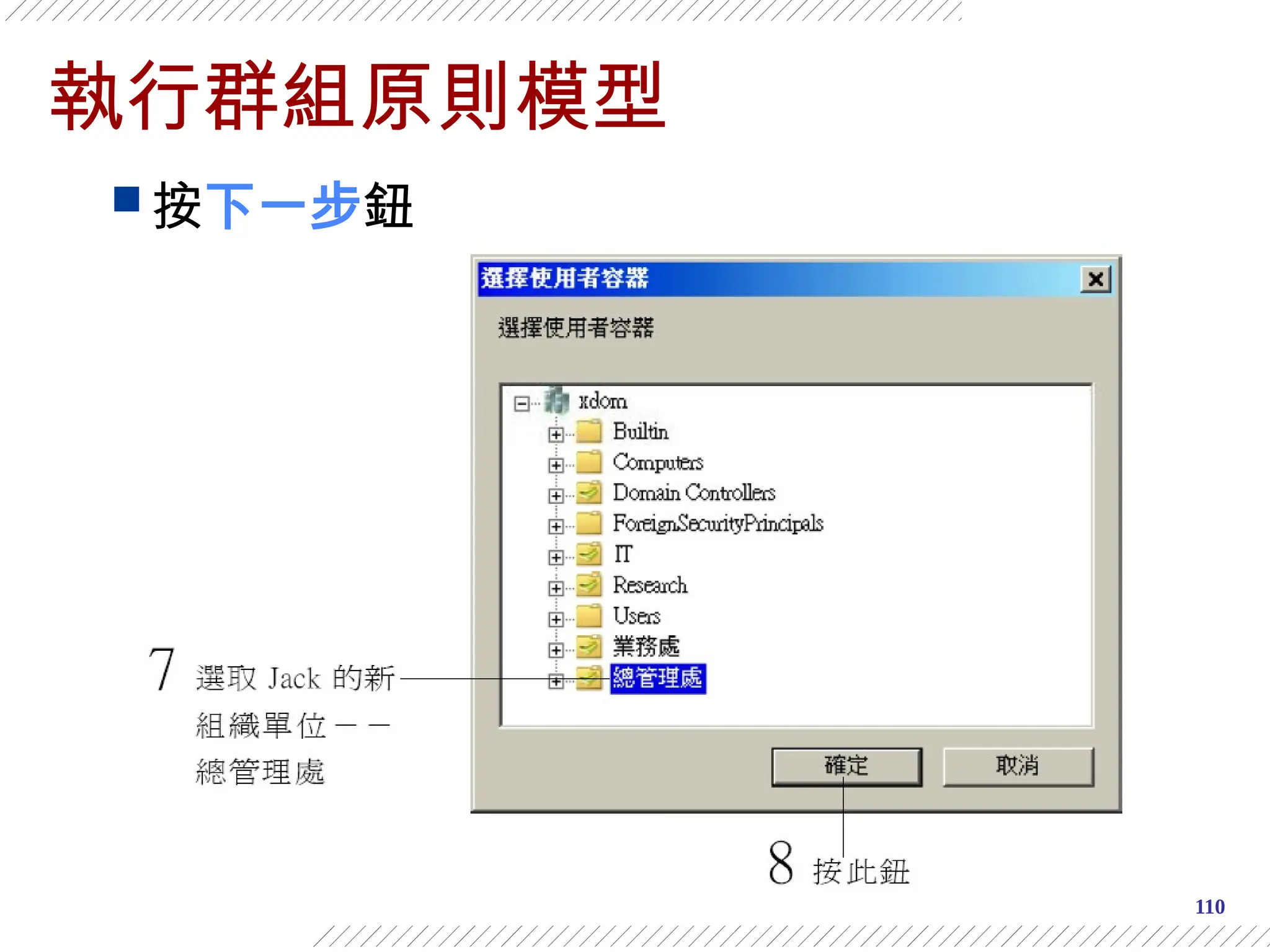 110
執行群組原則模型
 按下一步鈕
 