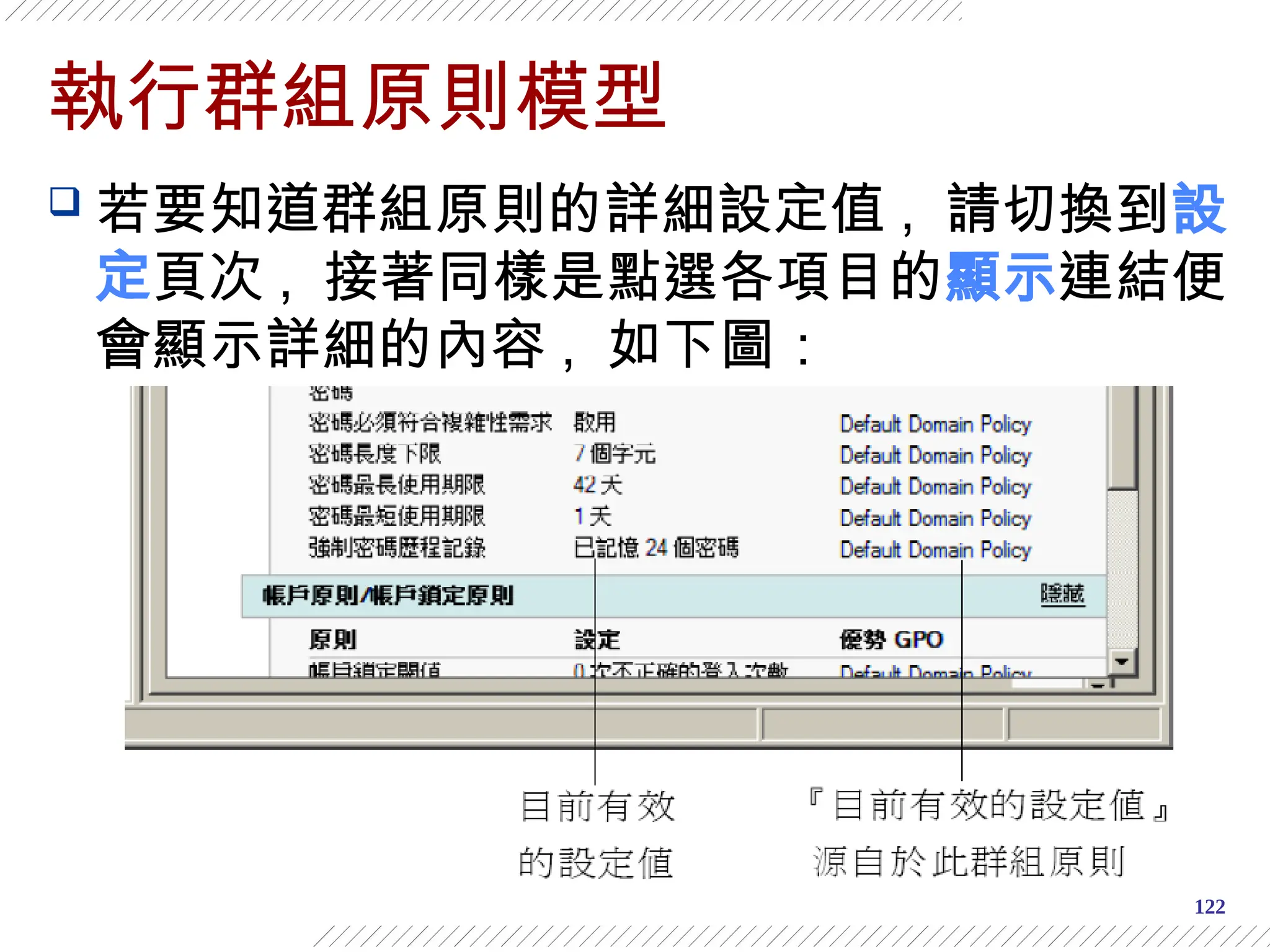 122
執行群組原則模型
 若要知道群組原則的詳細設定值 , 請切換到設
定頁次 , 接著同樣是點選各項目的顯示連結便
會顯示詳細的內容 , 如下圖：
 