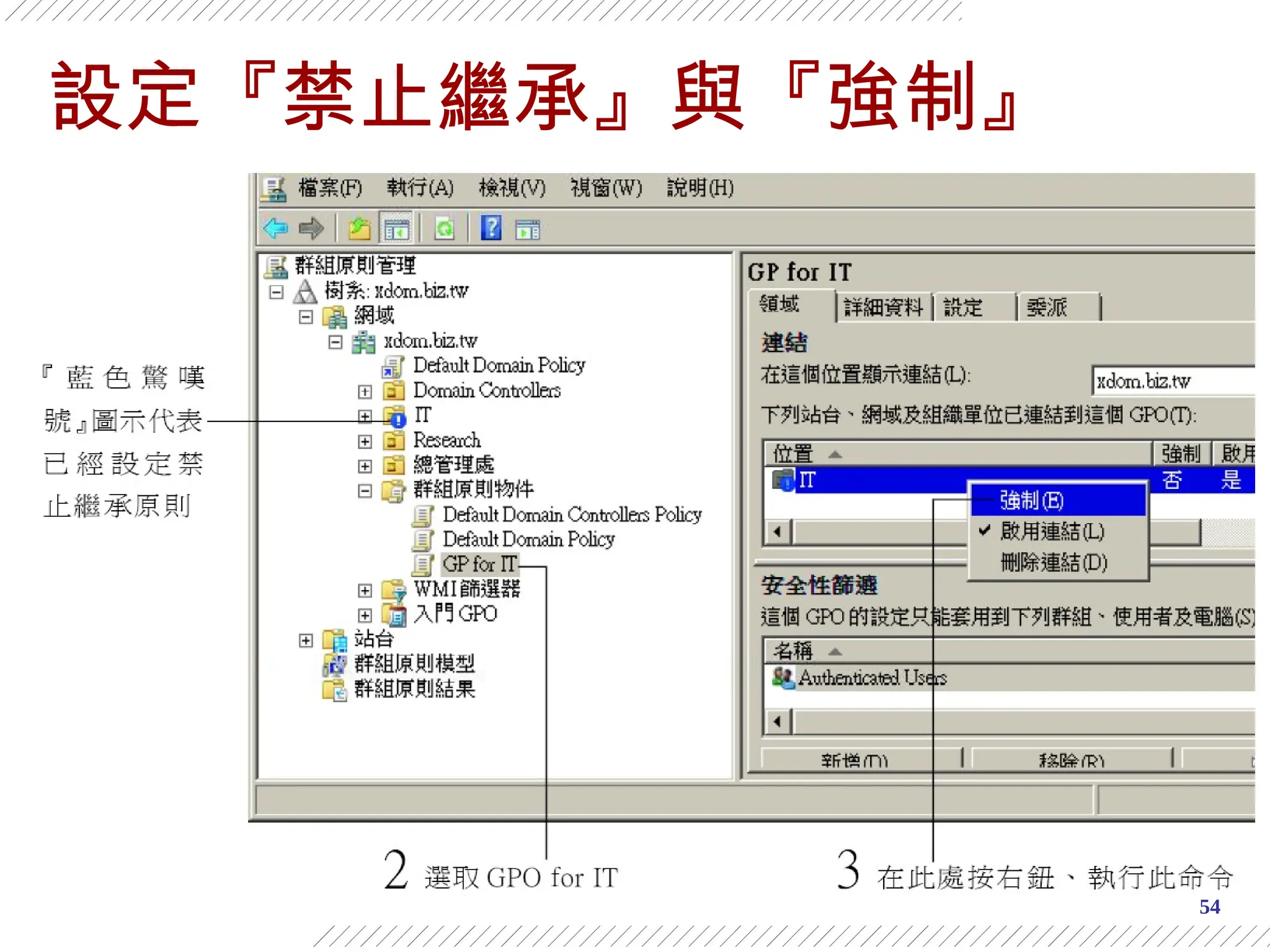 54
設定『禁止繼承』與『強制』
 