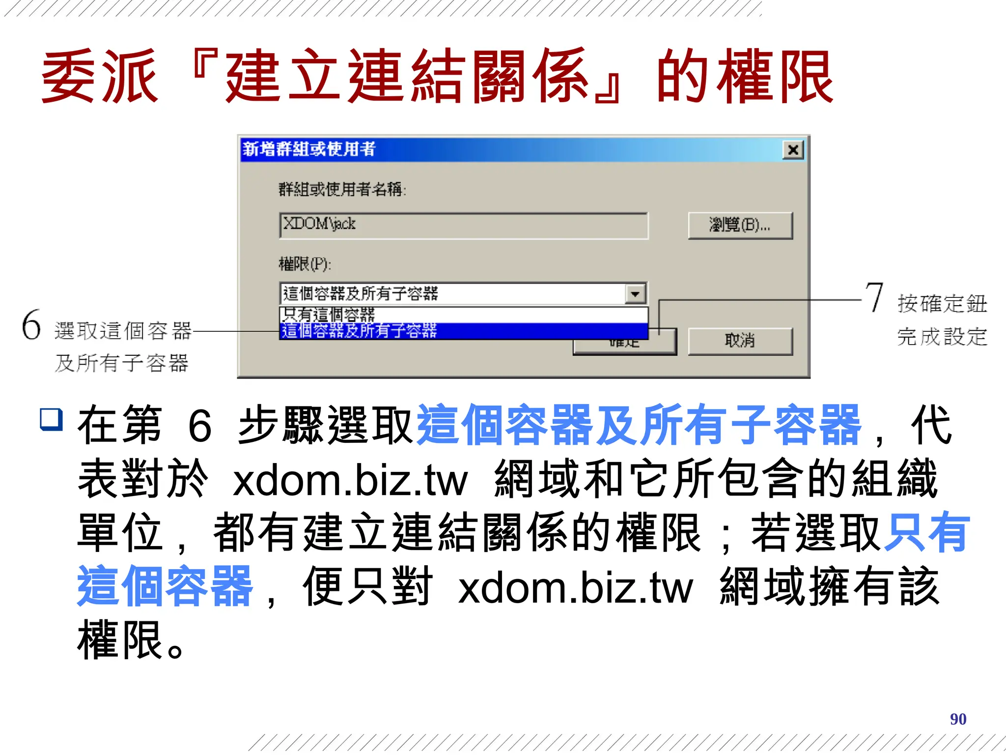 90
委派『建立連結關係』的權限
 在第 6 步驟選取這個容器及所有子容器 , 代
表對於 xdom.biz.tw 網域和它所包含的組織
單位 , 都有建立連結關係的權限；若選取只有
這個容器 , 便只對 xdom.biz.tw 網域擁有該
權限。
 