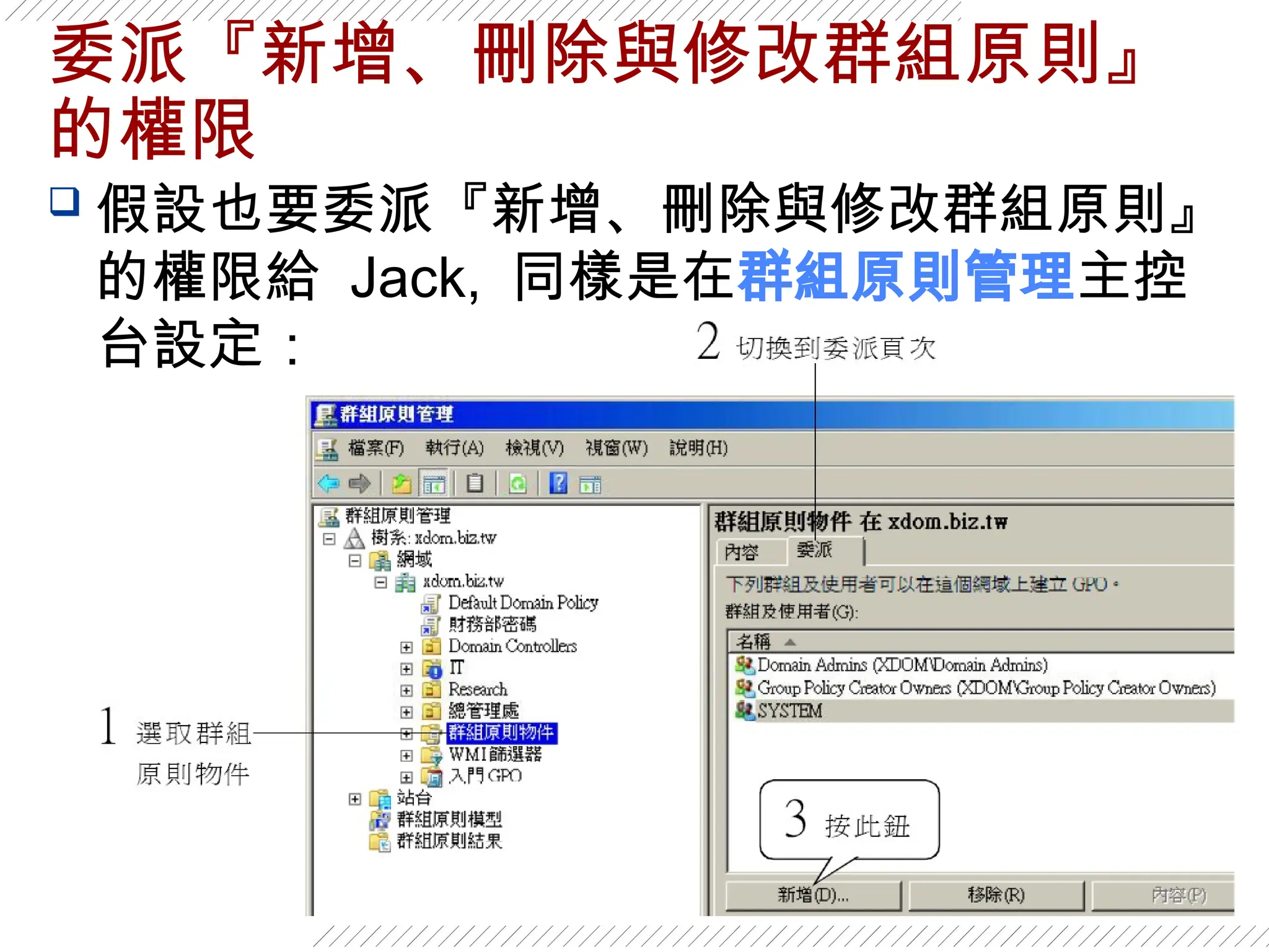 92
委派『新增、刪除與修改群組原則』
的權限
 假設也要委派『新增、刪除與修改群組原則』
的權限給 Jack, 同樣是在群組原則管理主控
台設定：
 