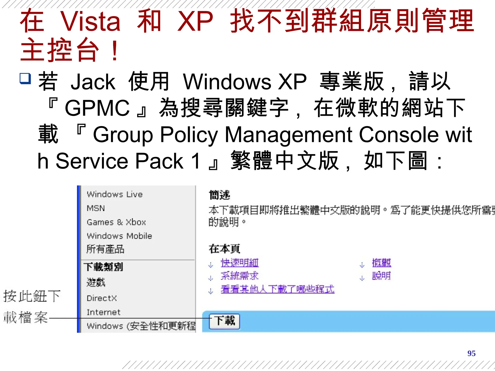 95
在 Vista 和 XP 找不到群組原則管理
主控台！
 若 Jack 使用 Windows XP 專業版 , 請以
『 GPMC 』為搜尋關鍵字 , 在微軟的網站下
載 『 Group Policy Management Console wit
h Service Pack 1 』繁體中文版 , 如下圖：
 
