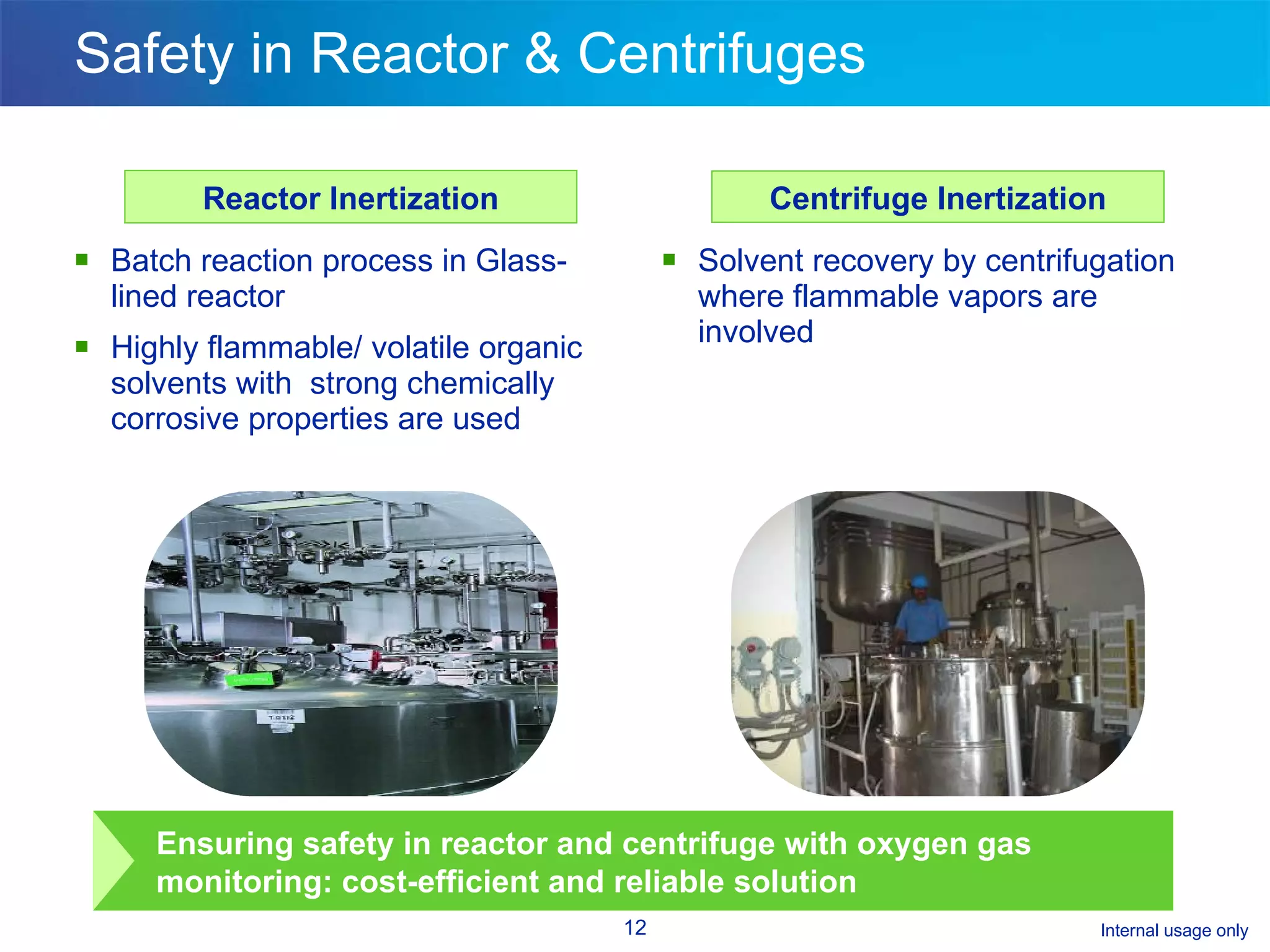 Safety in Reactor & Centrifuges Batch reaction process in Glass-lined reactor  Highly flammable/ volatile organic solvents with  strong chemically corrosive properties are used Solvent recovery by centrifugation where flammable vapors are involved Reactor Inertization Centrifuge Inertization Ensuring safety in reactor and centrifuge with oxygen gas monitoring: cost-efficient and reliable solution 