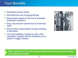 Your Benefits Consistent product quality Minimized the cost of purging N2 gas. Easier batch release by QA due to traceable production conditions Easy, fast and low maintenance at minimized costs Risk of batch contamination through sampling is eliminated The trial installation, backed-up with a ROI calculation, resulted into the installation of our system in bigger vessels. More reliable and accurate measurements increase the process safety and improve the yield.  