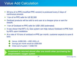 Value Add Calculation 50 tons of m-PPE (modified PPE version) is produced every 2 days of continuous process  1 ton of m-PPE sells for US $2,500 Oxidized products will be sold to end user at a cheaper price or sent for rework. 1 ton of Oxidized m-PPE sells for US$1,000 (estimated) It was shown that MT’s O 2  Gas system can help reduce Oxidized m-PPE from by 60% upon installation At a rate of 10 tons of oxidized m-PPE per month, customer expects to save 6 tons Hence: (US$2,500 – US$1,000) x 6 Savings per month would be US$9,000 Initial cost of system = US$8,700 Investment is returned almost after one month when purchasing the amperometric oxygen system 