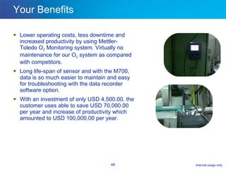 Your Benefits Lower operating costs, less downtime and increased productivity by using Mettler-Toledo O 2  Monitoring system. Virtually no maintenance for our O 2  system as compared with competitors.  Long life-span of sensor and with the M700, data is so much easier to maintain and easy for troubleshooting with the data recorder software option. With an investment of only USD 4,500.00, the customer uses able to save USD 70,000.00 per year and increase of productivity which amounted to USD 100,000.00 per year. 