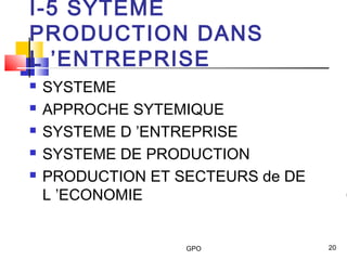 GPO 20
I-5 SYTEME
PRODUCTION DANS
L ’ENTREPRISE
 SYSTEME
 APPROCHE SYTEMIQUE
 SYSTEME D ’ENTREPRISE
 SYSTEME DE PRODUCTION
 PRODUCTION ET SECTEURS de DE
L ’ECONOMIE
 