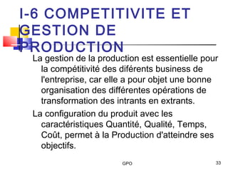 GPO 33
I-6 COMPETITIVITE ET
GESTION DE
PRODUCTION
La gestion de la production est essentielle pour
la compétitivité des diférents business de
l'entreprise, car elle a pour objet une bonne
organisation des différentes opérations de
transformation des intrants en extrants.
La configuration du produit avec les
caractéristiques Quantité, Qualité, Temps,
Coût, permet à la Production d'atteindre ses
objectifs.
 