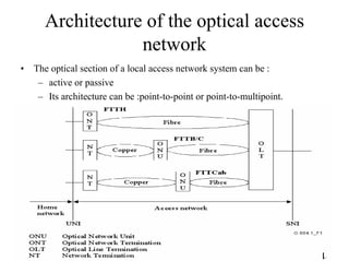 Architecture of the optical access
                  network
•   The optical section of a local access network system can be :
     – active or passive
     – Its architecture can be :point-to-point or point-to-multipoint.

•




                                                                         11
 