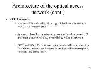 Architecture of the optical access
            network (cont.)
• FTTH scenario:
      • Asymmetric broadband services (e.g., digital broadcast services,
        VOD, file download, etc.).

      • Symmetric broadband services (e.g., content broadcast, e-mail, file
        exchange, distance learning, telemedicine, online-game, etc.).

      • POTS and ISDN. The access network must be able to provide, in a
        flexible way, narrow-band telephone services with the appropriate
        timing for the introduction.




                                                                           15
 