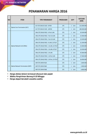 www.gomeds.co.id
PT. GOMEDS NETWORK
PENAWARAN HARGA 2016
NO ITEM TIPE PERANGKAT PRODUSEN QTY
SATUAN
(IDR)
1 Optical Line Termination (OLT)
OLT ZTE ZXA10 C320 - 8 PON ZTE 1 Unit 212.000.000
OLT ZTE ZXA10 C320 - 16PON ZTE 1 Unit 280.000.000
2 Optical Network Unit (ONU)
ONU ZTE ZXA10 F821 - 8 Port LAN ZTE 1 Unit 20.500.000
ONU ZTE ZXA10 F821 - Port 16 LAN ZTE 1 Unit 22.000.000
ONU ZTE ZXA10 F821 - Port 24 LAN ZTE 1 Unit 23.500.000
ONU ZTE ZXA10 F821 - 8 LAN, 16 TELP ZTE 1 Unit 21.500.000
ONU ZTE ZXA10 F821 - 16 LAN, 16 TELP ZTE 1 Unit 23.000.000
ONU ZTE ZXA10 F821 - 16 LAN, 8 TELP ZTE 1 Unit 24.500.000
ONU ZTE ZXA10 F821 - 24 LAN ZTE 1 Unit 45.000.000
ONU ZTE ZXA10 F822 - 16 Port LAN ZTE 1 Unit 27.000.000
ONU ZTE ZXA10 F822 - 24 Port, 24 TELP ZTE 1 Unit 26.000.000
3 Optical Network Termination (ONT)
ONT ZTE ZXHN F620 ZTE 1 Unit 2.600.000
ONT ZTE ZXHN F660 ZTE 1 Unit 2.900.000
ONT ZTE ZXHN F668 ZTE 1 Unit 4.900.000
• Harga diatas belum termasuk discount dan pajak
• Waktu Pengiriman Barang 8-10 Minggu
• Harga dapat berubah sewaktu-waktu
 