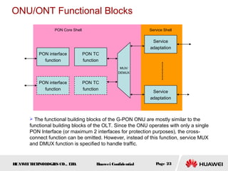 HUAWEITECHNOLOGIES CO., LTD. Huawei Confidential Page 23
ONU/ONT Functional Blocks
PON interface
function
PON interface
function
PON TC
function
PON TC
function
Service
adaptation
Service
adaptation
PON Core Shell Service Shell
MUX/
DEMUX
 The functional building blocks of the G-PON ONU are mostly similar to the
functional building blocks of the OLT. Since the ONU operates with only a single
PON Interface (or maximum 2 interfaces for protection purposes), the cross-
connect function can be omitted. However, instead of this function, service MUX
and DMUX function is specified to handle traffic.
 