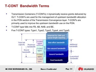HUAWEITECHNOLOGIES CO., LTD. Huawei Confidential Page 34
T-CONT Bandwidth Terms
 Transmission Containers (T-CONTs): it dynamically receive grants delivered by
OLT. T-CONTs are used for the management of upstream bandwidth allocation
in the PON section of the Transmission Convergence layer. T-CONTs are
primarily used to improve the upstream bandwidth use on the PON.
 T-CONT type falls into FB, AB, NAB, and BE.
 Five T-CONT types: Type1, Type2, Type3, Type4, and Type5.
 