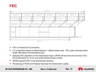 HUAWEITECHNOLOGIES CO., LTD. Huawei Confidential Page 43
FEC
D a t a
b y t e s
P C B d
Parity
C o d e w o r d
9 7 2 0 T S s
P C B d P a y l o a d ( D a t a b y t e s )
D a t a b y t e s o f
c o d e w o r d # 1
9 1 0 8 T S s
S h o r t
c o d e w o r d
D a t a b y t e s
Parity
C o d e w o r d
D a t a b y t e s o f
c o d e w o r d # 2
D a t a b y t e s
Parity
C o d e w o r d
D a t a b y t e s o f
c o d e w o r d # 3
D a t a b y t e s
Parity
C o d e w o r d
D a t a b y t e s o f
c o d e w o r d # 4
D a t a b y t e s
Parity
C o d e w o r d
D a t a b y t e s o f
c o d e w o r d # 5
D a t a b y t e s
Parity
C o d e w o r d
D a t a b y t e s o f
c o d e w o r d # 6
Parity
D a ta
b y t e s
 FEC is Forward Error Correction.
 It is a algorithm based on Reed-Solomon, a Block based code. FEC code comprises fixed-
length data block and redundancy bits.
 Applying FEC algorithm on the transmission layer, GPON will drop the error bit rate of the
line transmission to 10-15, and avoid retransmission of data.
 GPON supports FEC in the downstream direction.
 Processing of PCBd and Payload improves the transmission quality.
 