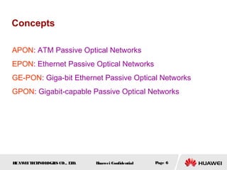 HUAWEITECHNOLOGIES CO., LTD. Huawei Confidential Page 6
Concepts
APON: ATM Passive Optical Networks
EPON: Ethernet Passive Optical Networks
GE-PON: Giga-bit Ethernet Passive Optical Networks
GPON: Gigabit-capable Passive Optical Networks
 