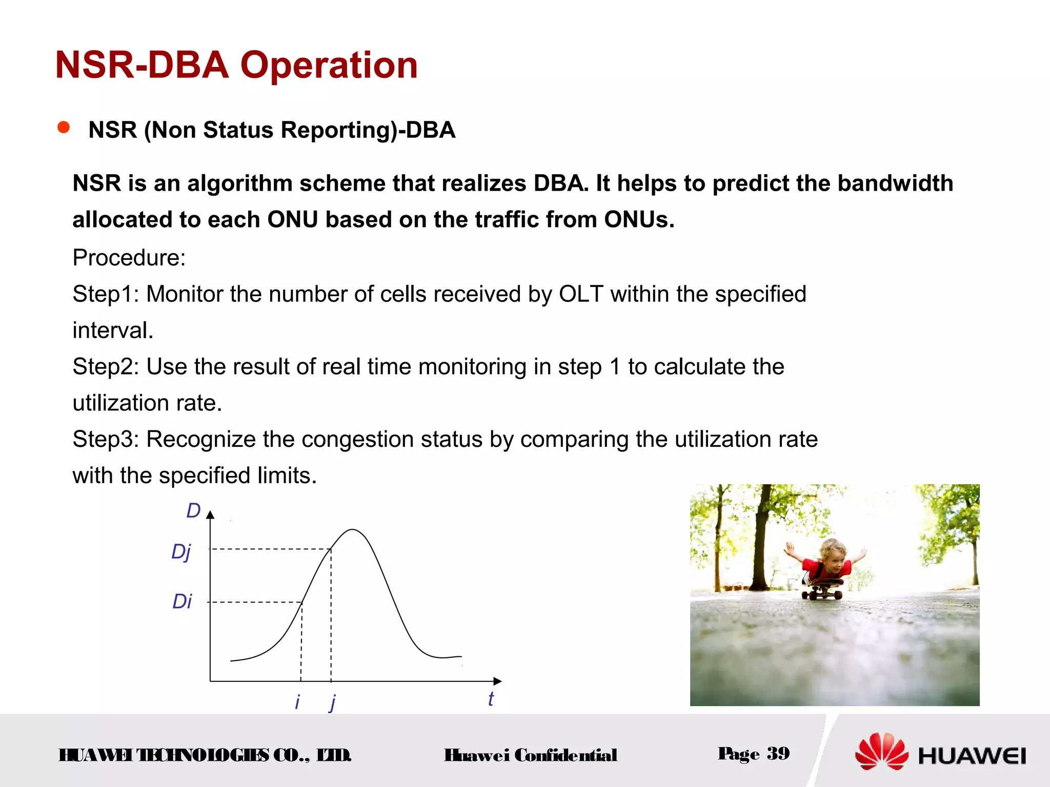 HUAWEITECHNOLOGIES CO., LTD. Huawei Confidential Page 39
NSR-DBA Operation
NSR is an algorithm scheme that realizes DBA. It helps to predict the bandwidth
allocated to each ONU based on the traffic from ONUs.
Procedure:
Step1: Monitor the number of cells received by OLT within the specified
interval.
Step2: Use the result of real time monitoring in step 1 to calculate the
utilization rate.
Step3: Recognize the congestion status by comparing the utilization rate
with the specified limits.
D
ti j
Di
Dj
 NSR (Non Status Reporting)-DBA
 