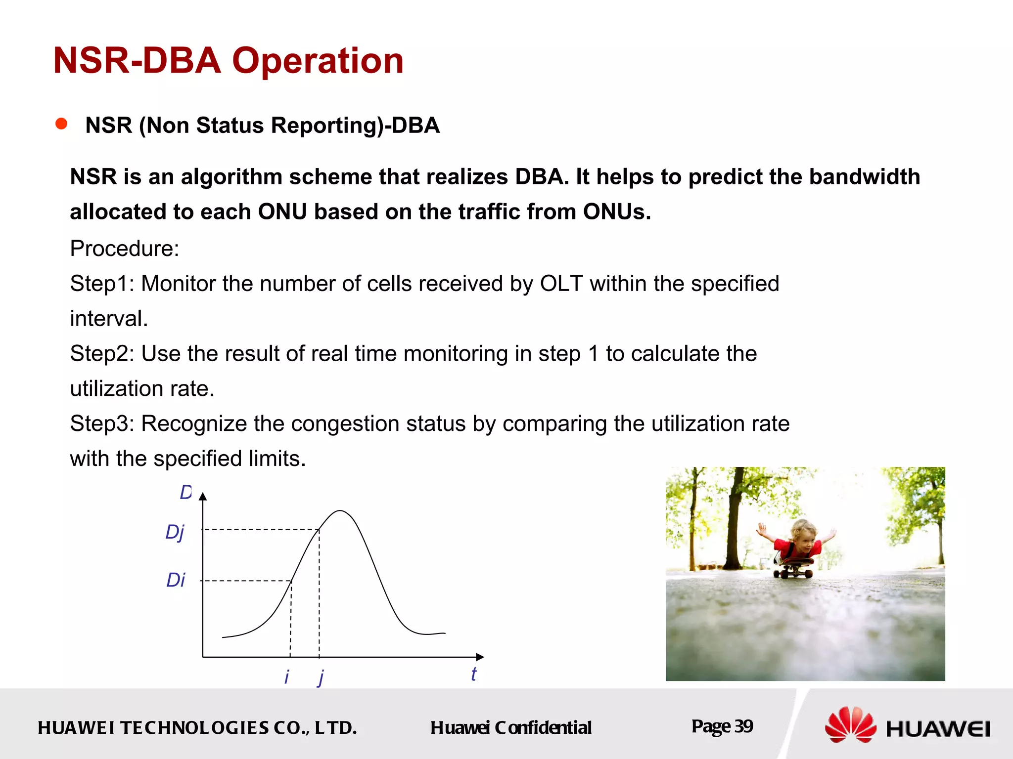 NSR-DBA Operation NSR is an algorithm scheme that realizes DBA. It helps to predict the bandwidth allocated to each ONU based on the traffic from ONUs. Procedure: Step1: Monitor the number of cells received by OLT within the specified interval. Step2: Use the result of real time monitoring in step 1 to calculate the utilization rate. Step3: Recognize the congestion status by comparing the utilization rate with the specified limits.  NSR (Non Status Reporting)-DBA   D t i j Di Dj 