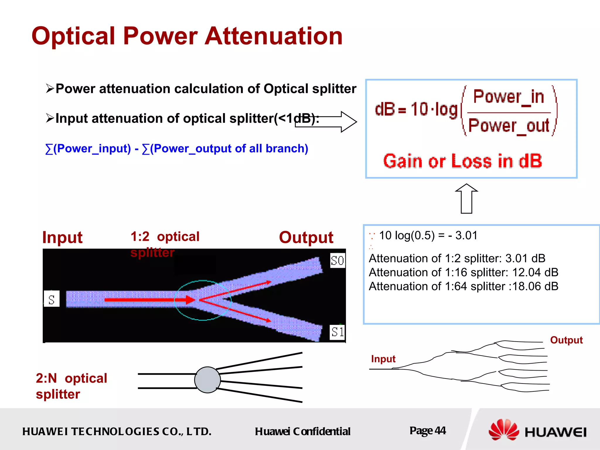 Power attenuation calculation of Optical splitter Input attenuation of optical splitter(<1dB): ∑ (Power_input) - ∑(Power_output of all branch)   Optical Power Attenuation Input Output 1:2  optical splitter 2:N  optical splitter ∵   10 log(0.5) = - 3.01 ∴ Attenuation of 1:2 splitter: 3.01 dB  Attenuation of 1:16 splitter: 12.04 dB  Attenuation of 1:64 splitter :18.06 dB Input Output 