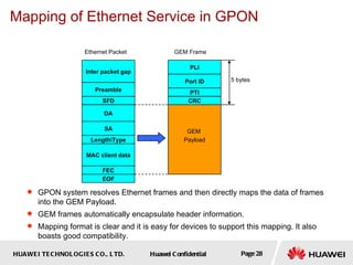 Mapping of Ethernet Service in GPON GPON system resolves Ethernet frames and then directly maps the data of frames into the GEM Payload.   GEM frames automatically encapsulate header information. Mapping format is clear and it is easy for devices to support this mapping. It also boasts good compatibility. GEM  Payload CRC PTI Port ID PLI GEM Frame Ethernet Packet DA SFD Preamble Inter packet gap SA Length\Type MAC client data FEC EOF 5 bytes 