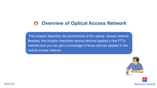 Overview of Optical Access Network
This chapter describes the architecture of the optical access network.
Besides, this chapter describes various devices applied in the FTTx
network and you can get a knowledge of those devices applied in the
optical access network.
Slide #11
 