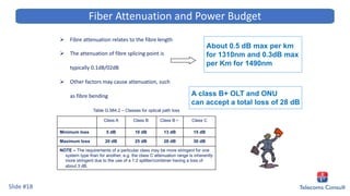 Ø Fibre attenuation relates to the fibre length
Ø The attenuation of fibre splicing point is
typically 0.1dB/02dB
Ø Other factors may cause attenuation, such
as fibre bending
About 0.5 dB max per km
for 1310nm and 0.3dB max
per Km for 1490nm
Table G.984.2 – Classes for optical path loss
Class A Class B Class B＋ Class C
Minimum loss 5 dB 10 dB 13 dB 15 dB
Maximum loss 20 dB 25 dB 28 dB 30 dB
NOTE – The requirements of a particular class may be more stringent for one
system type than for another, e.g. the class C attenuation range is inherently
more stringent due to the use of a 1:2 splitter/combiner having a loss of
about 3 dB.
A class B+ OLT and ONU
can accept a total loss of 28 dB
Slide #18
Fiber Attenuation and Power Budget
 