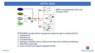 GPON NMS provides all the management needs through an intuitive GUI for:
Ø configuration,
Ø Maintenance,
Ø Troubleshooting,
Ø Seamless integration into an OSS environment with northbound interfaces,
Ø ONU/ONT plug & play.
Ø Some vendors can support integrated OTDR.
NMS is connected with OLTs only
through a DCN
Slide #22
GPON NMS
 