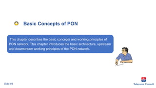 Basic Concepts of PON
This chapter describes the basic concepts and working principles of
PON network. This chapter introduces the basic architecture, upstream
and downstream working principles of the PON network.
Slide #3
 