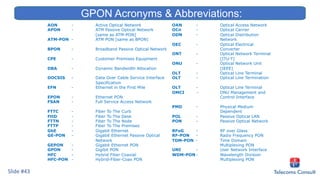 AON - Active Optical Network
APON - ATM Passive Optical Network
[same as ATM-PON]
ATM-PON - ATM PON [same as BPON]
BPON - Broadband Passive Optical Network
CPE - Customer Premises Equipment
DBA - Dynamic Bandwidth Allocation
DOCSIS - Data Over Cable Service Interface
Specification
EFN - Ethernet in the First Mile
EPON - Ethernet PON
FSAN - Full Service Access Network
FTTC - Fiber To The Curb
FttD - Fiber To The Desk
FTTN - Fiber To The Node
FTTP - Fiber To The Premises
GbE - Gigabit Ethernet
GE-PON - Gigabit Ethernet Passive Optical
Network
GEPON - Gigabit Ethernet PON
GPON - Gigibit PON
HFC - Hybrid Fiber Coaxial
HFC-PON - Hybrid-Fiber-Coax PON
OAN - Optical Access Network
OCn - Optical Carrier
ODN - Optical Distribution
Network
OEC - Optical Electrical
Converter
ONT - Optical Network Terminal
[ITU-T]
ONU - Optical Network Unit
[IEEE]
OLT - Optical Line Terminal
OLT - Optical Line Termination
OLT - Optical Line Terminal
OMCI - ONU Management and
Control Interface
PMD - Physical Medium
Dependent
POL - Passive Optical LAN
PON - Passive Optical Network
RFoG - RF over Glass
RF-PON - Radio Frequency PON
TDM-PON - Time Domain
Multiplexing PON
UNI - User Network Interface
WDM-PON - Wavelength Division
Multiplexing PON
Slide #43
GPON Acronyms & Abbreviations:
 